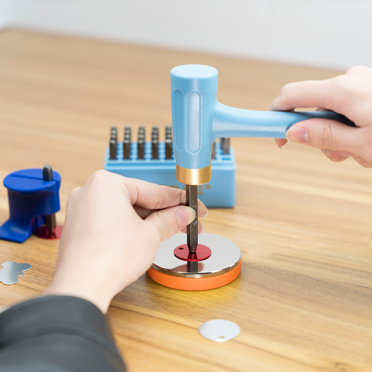 BESTNULE Professional Steel Bench Block, Covered with TPR Soft Plastic at The Bottom, Metal Stamping Table Mirror, Polishing with Chrome Plating for Jewelry Stamping (Dia: 3”, H: 19/32”) (Orange)