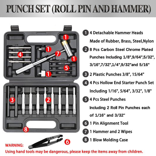 BESTNULE Gunsmithing Punch Set, Pin Punches, Punch Tool, Roll Pin Punch Set, Made of High Quality Metal Material Including Punches and Hammer, Mechanical Repair Tool, with Organizer Storage Box (without Bench Block)