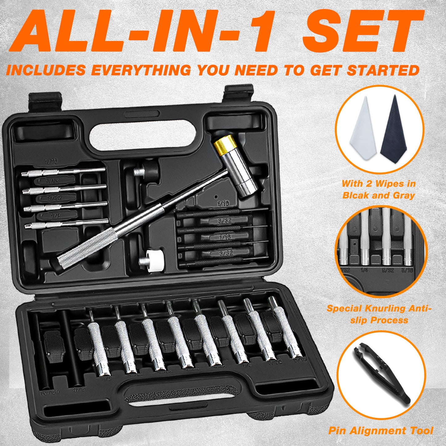 BESTNULE Punch Set, Pin Punches, Punch Tool, Roll Pin Punch Set, Made of High Quality Metal Material Including Punches and Hammer, Mechanical Repair Tool, with Organizer Storage Box (with Bench Block)