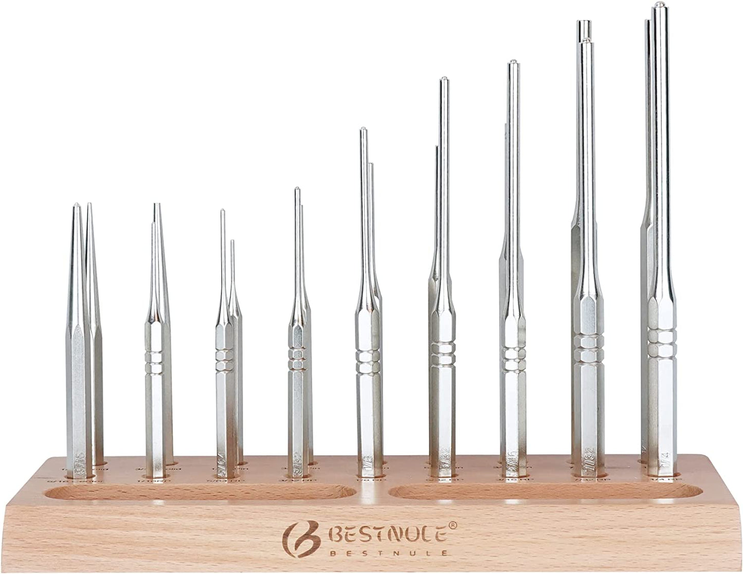 BESTNULE Punch Set, Roll Pin Punch Set, Punch Tools, Made of Solid Material Including Steel Center Punch and Nail Punch with Beech Block, Ideal for Machinery Maintenance