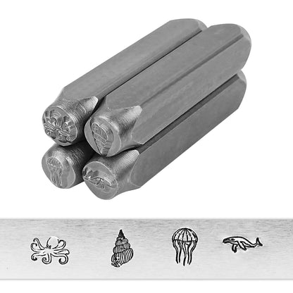 BESTNULE 4pcs Metal Design Stamps Punch Stamping Tool, Hard Carbon Steel Tools to Stamp or Punch Metal, Jewelry, Clay, Leather, Wood (Marine Life)