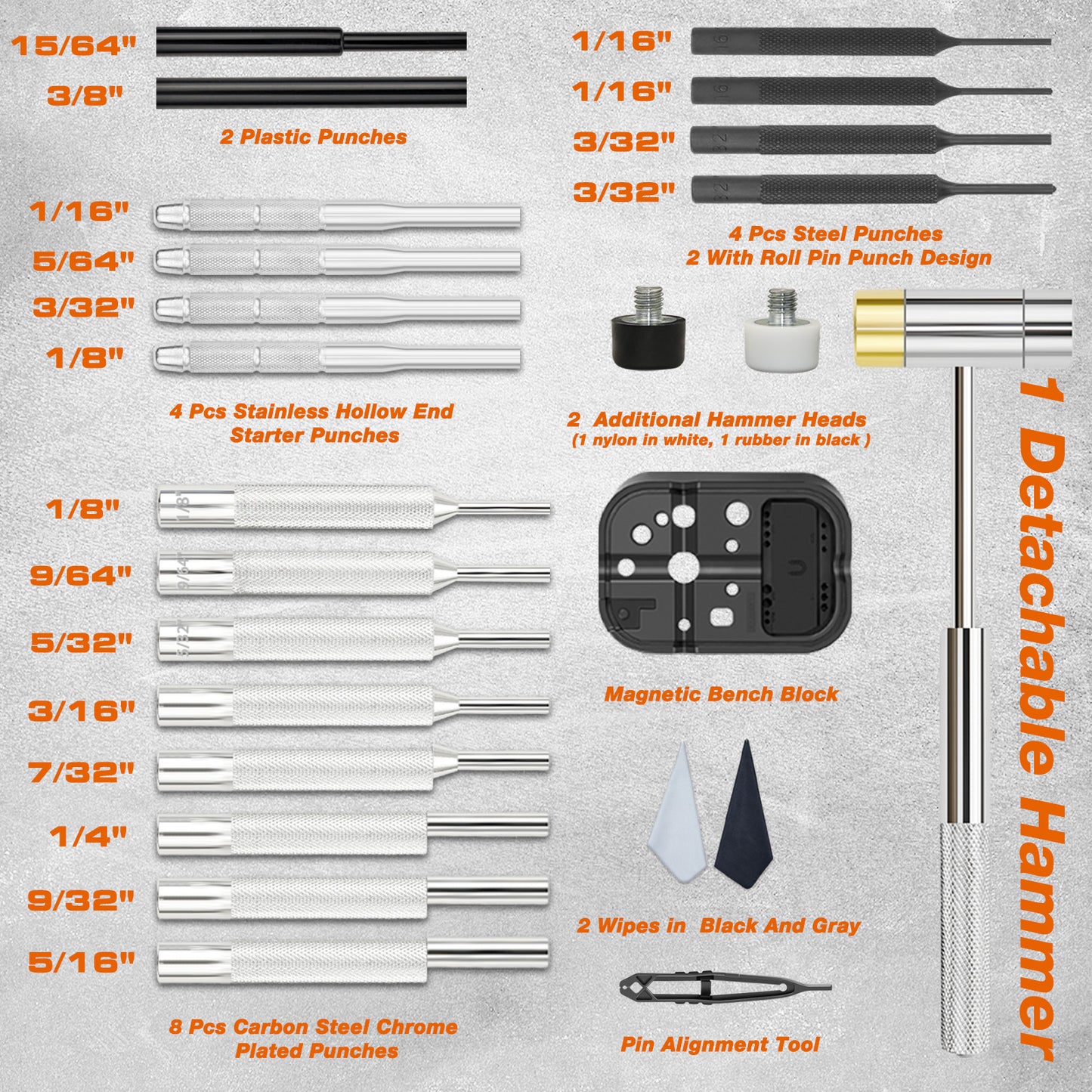 BESTNULE Punch Set, Pin Punches, Punch Tool, Roll Pin Punch Set, Made of High Quality Metal Material Including Punches and Hammer, Mechanical Repair Tool, with Organizer Storage Box (with Bench Block)
