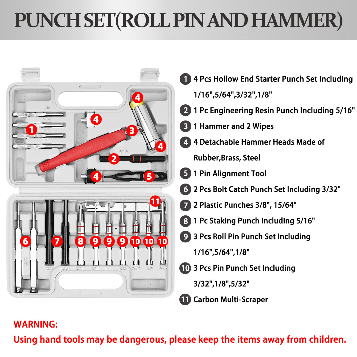BESTNULE Roll Pin Punch Set, Punch Tools, Made of Solid Material Including Steel Punch and Hammer, Ideal for Machinery Maintenance with Organizer Storage Container (Without Bench Block)
