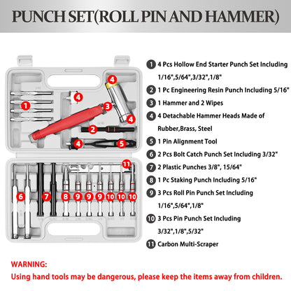 BESTNULE Roll Pin Punch Set, Punch Tools, Made of Solid Material Including Steel Punch and Hammer, Ideal for Machinery Maintenance with Organizer Storage Container (Without Bench Block)