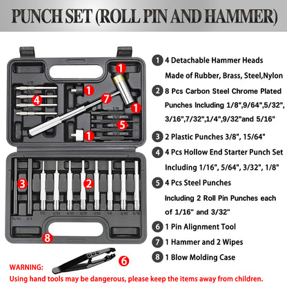 BESTNULE Gunsnithing Punch Set, Pin Punches, Punch Tool, Roll Pin Punch Set, Made of High Quality Metal Material Including Punches and Hammer, Mechanical Repair Tool, with Organizer Storage Box (without Bench Block)