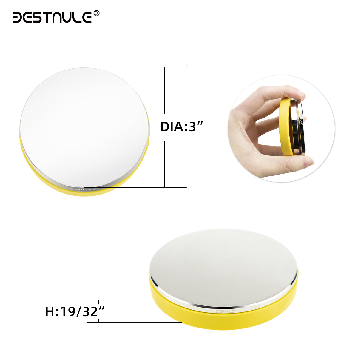 BESTNULE Professional Steel Bench Block, Covered with TPR Soft Plastic at The Bottom, Metal Stamping Table Mirror, Polishing with Chrome Plating for Jewelry Stamping (Dia: 3”, H: 19/32”) (Yellow)