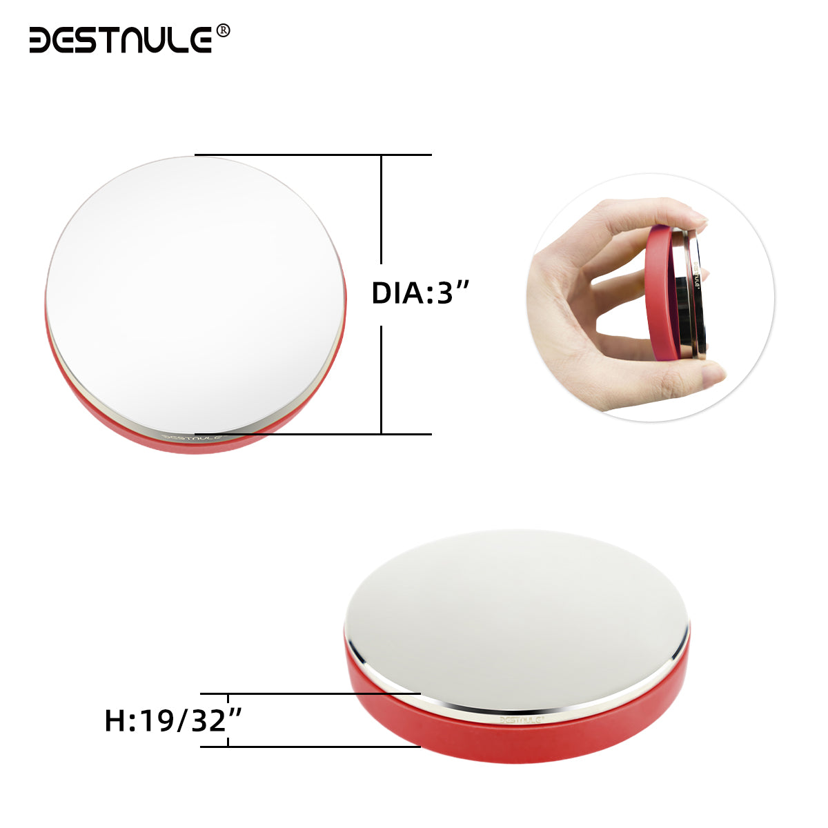 BESTNULE Professional Steel Bench Block, Covered with TPR Soft Plastic at The Bottom, Metal Stamping Table Mirror, Polishing with Chrome Plating for Jewelry Stamping (Dia: 3”, H: 19/32”) (Red Base)