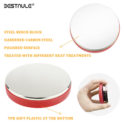 BESTNULE Professional Steel Bench Block, Covered with TPR Soft Plastic at The Bottom, Metal Stamping Table Mirror, Polishing with Chrome Plating for Jewelry Stamping (Dia: 3”, H: 19/32”) (Red Base)