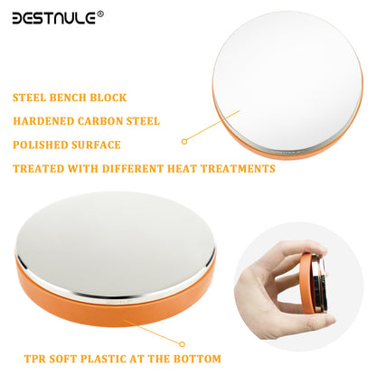 BESTNULE Professional Steel Bench Block, Covered with TPR Soft Plastic at The Bottom, Metal Stamping Table Mirror, Polishing with Chrome Plating for Jewelry Stamping (Dia: 3”, H: 19/32”) (Orange)