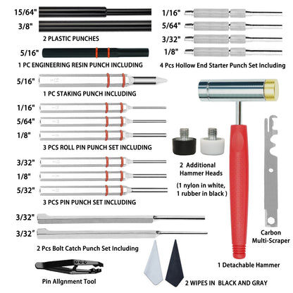 BESTNULE Roll Pin Punch Set, Punch Tools, Made of Solid Material Including Steel Punch and Hammer, Ideal for Machinery Maintenance with Organizer Storage Container (Without Bench Block)