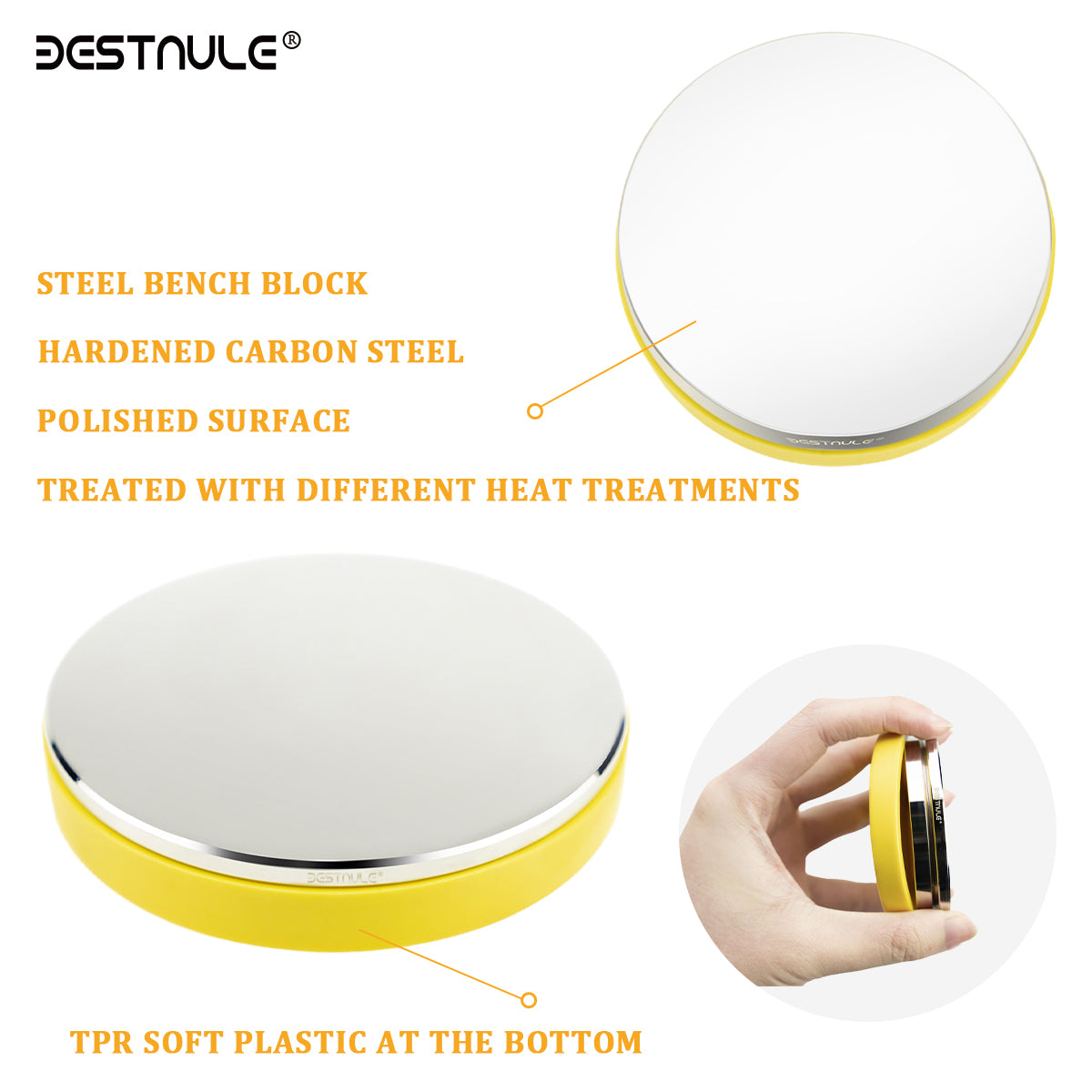 BESTNULE Professional Steel Bench Block, Covered with TPR Soft Plastic at The Bottom, Metal Stamping Table Mirror, Polishing with Chrome Plating for Jewelry Stamping (Dia: 3”, H: 19/32”) (Yellow)