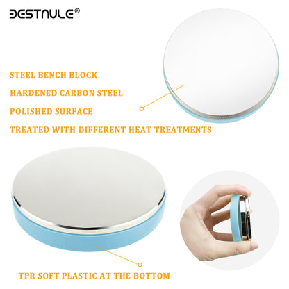 BESTNULE Professional Steel Bench Block, Covered with TPR Soft Plastic at The Bottom, Metal Stamping Table Mirror, Polishing with Chrome Plating for Jewelry Stamping Tools, (Dia: 3”, H: 19/32”)