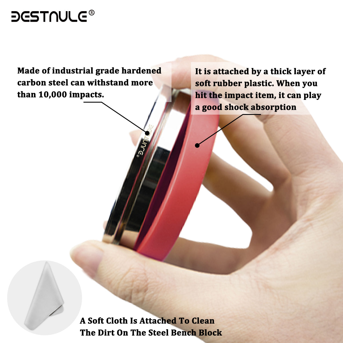 BESTNULE Professional Steel Bench Block, Covered with TPR Soft Plastic at The Bottom, Metal Stamping Table Mirror, Polishing with Chrome Plating for Jewelry Stamping (Dia: 3”, H: 19/32”) (Red Base)