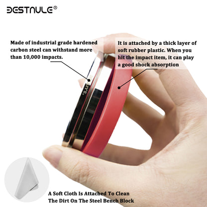 BESTNULE Professional Steel Bench Block, Covered with TPR Soft Plastic at The Bottom, Metal Stamping Table Mirror, Polishing with Chrome Plating for Jewelry Stamping (Dia: 3”, H: 19/32”) (Red Base)