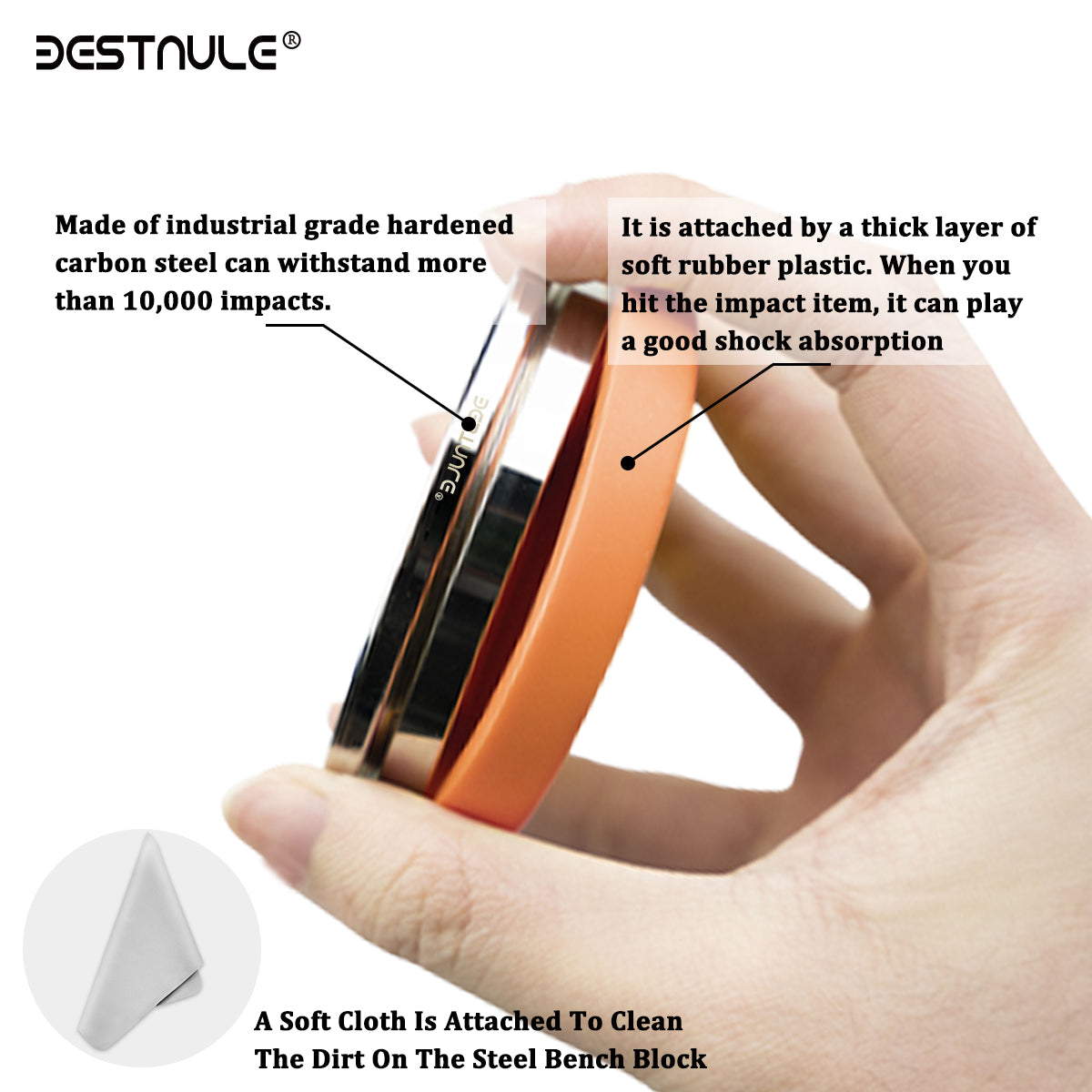 BESTNULE Professional Steel Bench Block, Covered with TPR Soft Plastic at The Bottom, Metal Stamping Table Mirror, Polishing with Chrome Plating for Jewelry Stamping (Dia: 3”, H: 19/32”) (Orange)