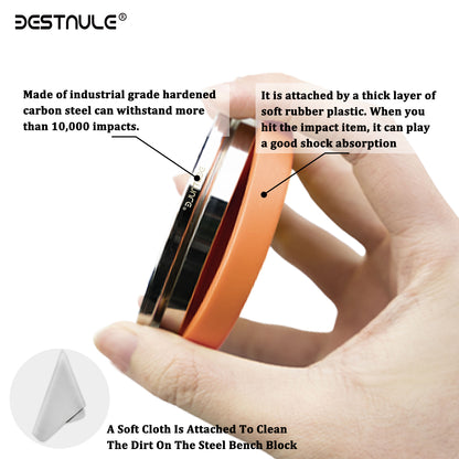 BESTNULE Professional Steel Bench Block, Covered with TPR Soft Plastic at The Bottom, Metal Stamping Table Mirror, Polishing with Chrome Plating for Jewelry Stamping (Dia: 3”, H: 19/32”) (Orange)