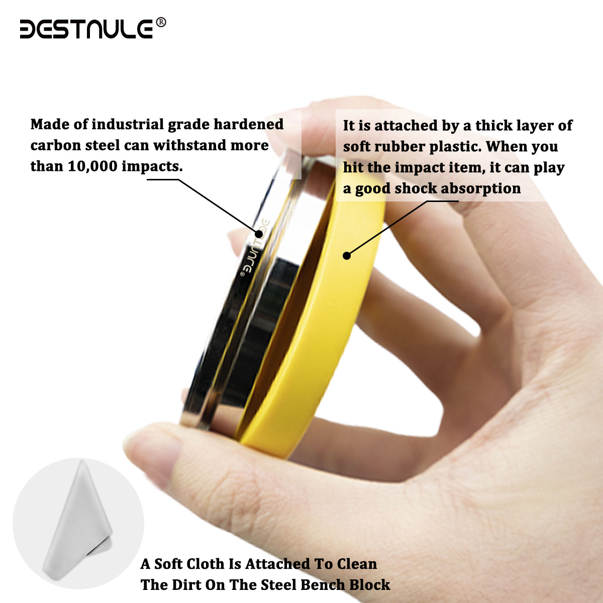 BESTNULE Professional Steel Bench Block, Covered with TPR Soft Plastic at The Bottom, Metal Stamping Table Mirror, Polishing with Chrome Plating for Jewelry Stamping (Dia: 3”, H: 19/32”) (Yellow)