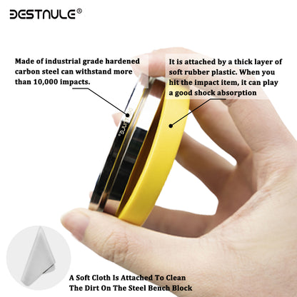 BESTNULE Professional Steel Bench Block, Covered with TPR Soft Plastic at The Bottom, Metal Stamping Table Mirror, Polishing with Chrome Plating for Jewelry Stamping (Dia: 3”, H: 19/32”) (Yellow)