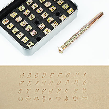 BESTNULE 37pcs Leather Stamps, Leather Stamping Kit, Leathercraft Stamping Tool Set, 26PCS Capital Letter Leather Stamps 6mm + 10pcs Symbol Stamps + 1 Stamping Handle for Leather Craft