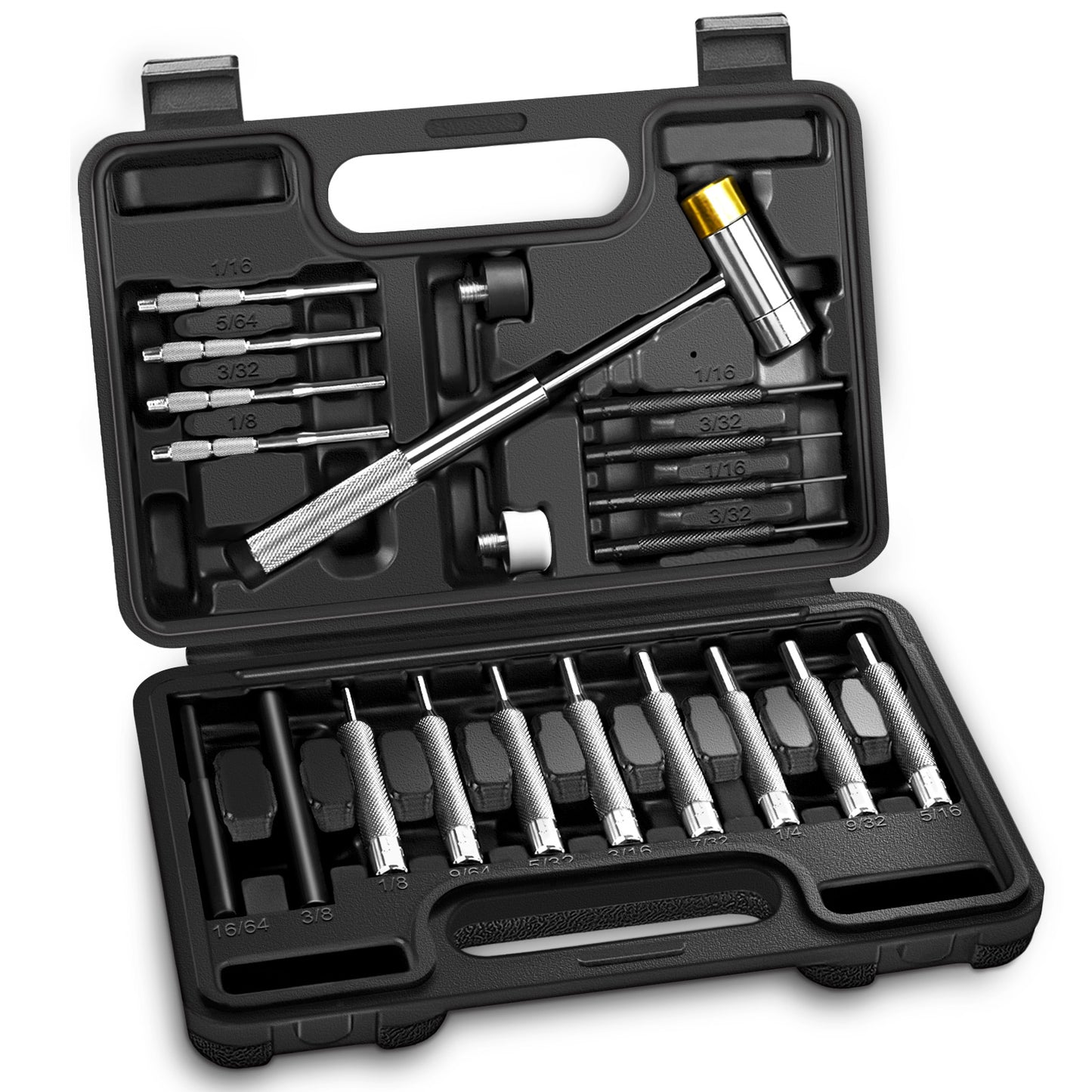 BESTNULE Gunsmithing Punch Set, Pin Punches, Punch Tool, Roll Pin Punch Set, Made of High Quality Metal Material Including Punches and Hammer, Mechanical Repair Tool, with Organizer Storage Box (without Bench Block)