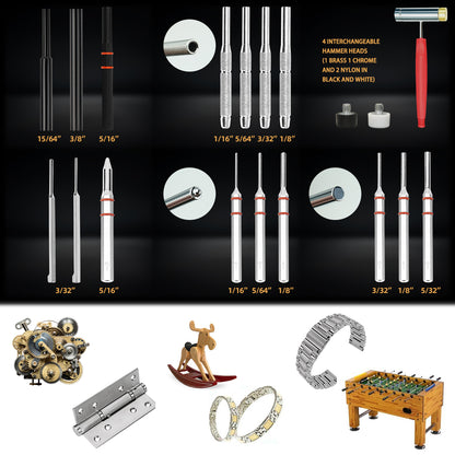 BESTNULE Roll Pin Punch Set, Punch Tools, Made of Solid Material Including Steel Punch and Hammer, Ideal for Machinery Maintenance with Organizer Storage Container (Without Bench Block)