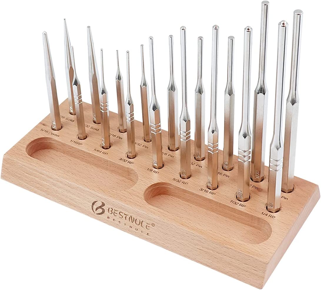 BESTNULE Punch Set, Roll Pin Punch Set, Punch Tools, Made of Solid Material Including Steel Center Punch and Nail Punch with Beech Block, Ideal for Machinery Maintenance