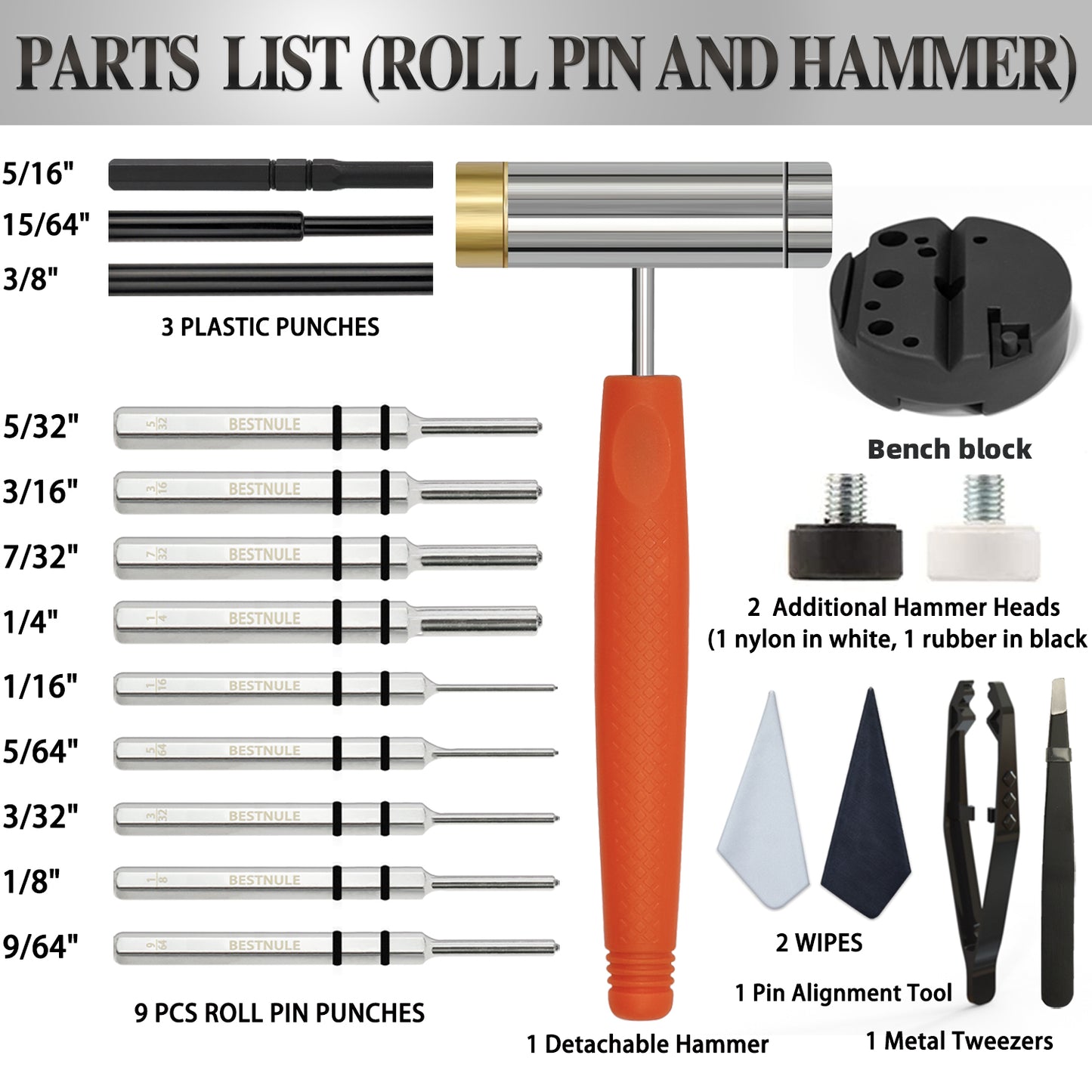 BESTNULE Punch Set, Punch Tools, Roll Pin Punch Set, Made of Solid Material Including Steel Punches and Hammer, Ideal for Maintenance (With Bench Block)