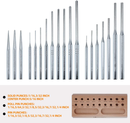 BESTNULE Punch Set, Roll Pin Punch Set, Punch Tools, Made of Solid Material Including Steel Center Punch and Nail Punch with Beech Block, Ideal for Machinery Maintenance