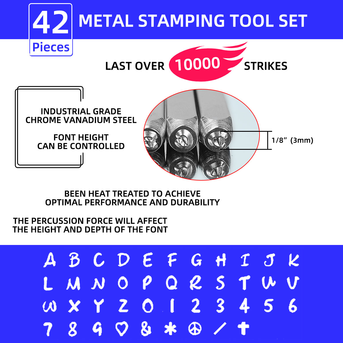 BESTNULE 42PCS Metal Stamping Kit, Number and Letter Stamp Set (A-Z, 0-9 and"&","Love" Symbol), Industrial Grade Hardened Carbon Steel, Perfect for Imprinting Metal, Wood,Leather (1/8", 3MM)