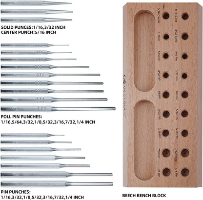 BESTNULE Punch Set, Roll Pin Punch Set, Punch Tools, Made of Solid Material Including Steel Center Punch and Nail Punch with Beech Block, Ideal for Machinery Maintenance