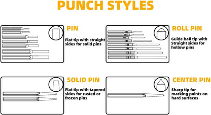 BESTNULE Punch Set, Roll Pin Punch Set, Punch Tools, Made of Solid Material Including Steel Center Punch and Nail Punch with Beech Block, Ideal for Machinery Maintenance