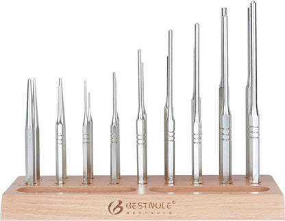 BESTNULE Punch Set, Roll Pin Punch Set, Punch Tools, Made of Solid Material Including Steel Center Punch and Nail Punch with Beech Block, Ideal for Machinery Maintenance