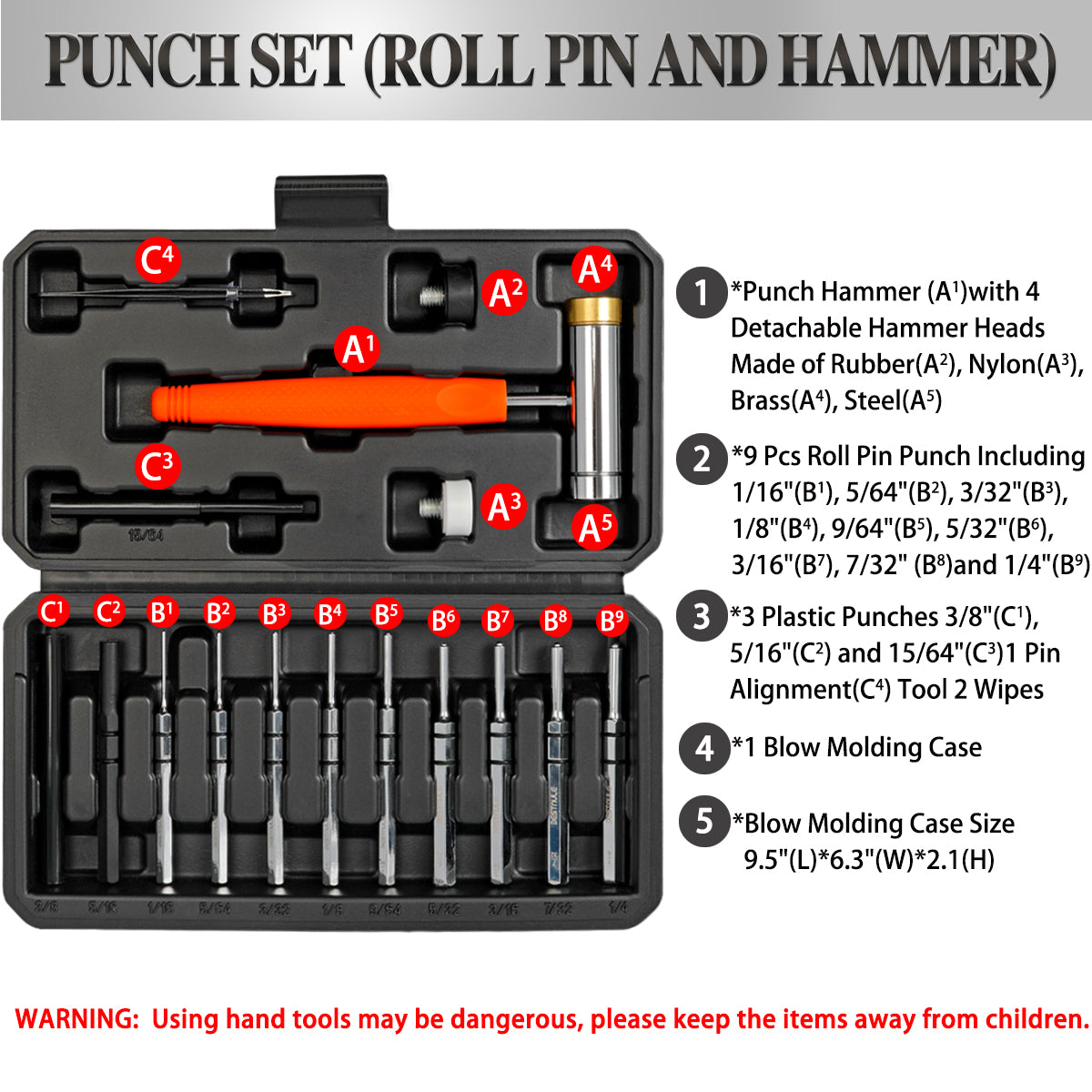 BESTNULE Punch Set, Punch Tools, Roll Pin Punch Set, Made of Solid Material Including Steel Punches and Hammer, Ideal for Maintenance