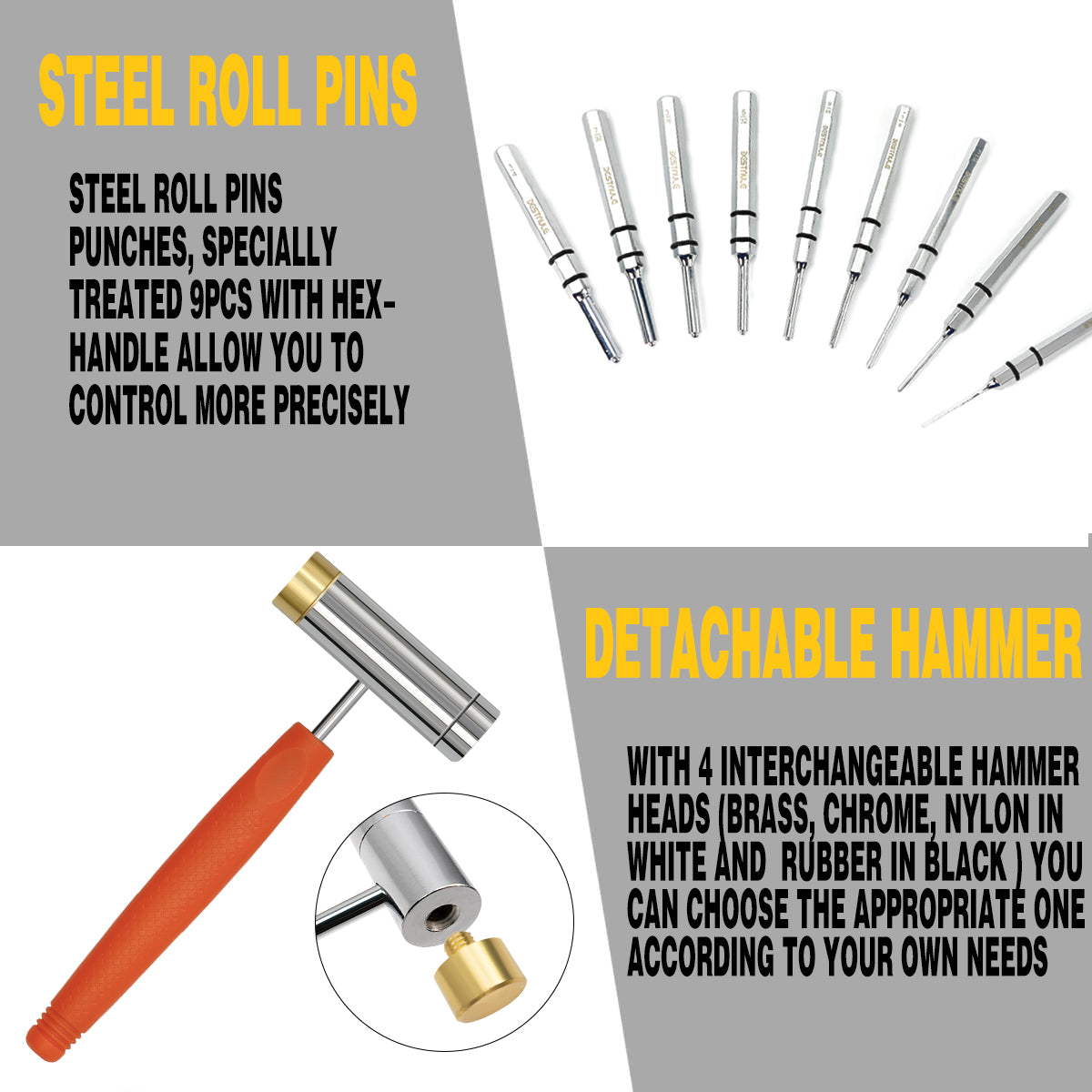 9pcs Durable Steel Roll Pin Punch Set Tool Kit for Removing Pins  Professional 